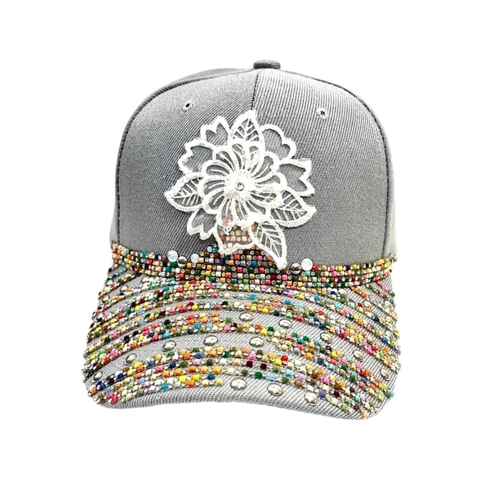 Colorful Bling Floral Baseball Cap Hat w/Crystal Rhinestone Beaded accents